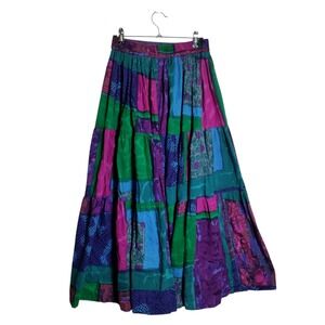 Phool Womens Cotton Patchwork Tiered Maxi Skirt Purple Green Boho Crinkle Small